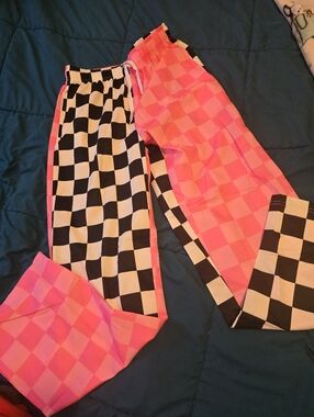 Checkerboard Colorblock Pants- Pink & Black/White SMALL NEW